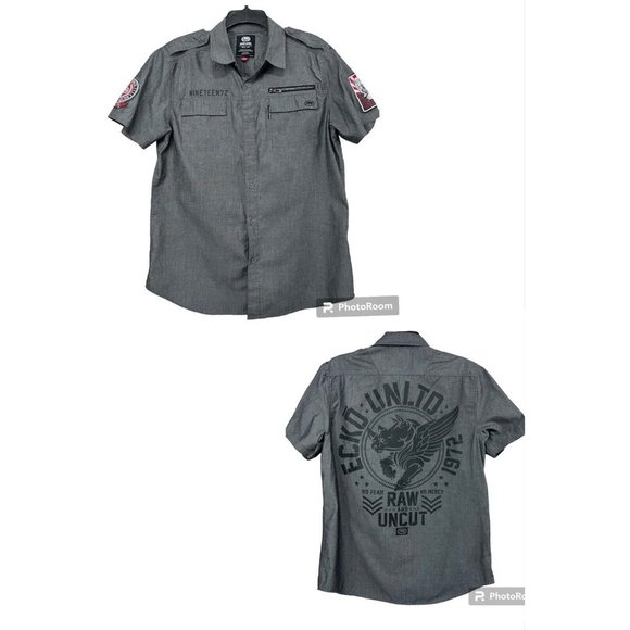 Ecko Unlimited Y2K Men Short Sleeve Button Front Shirt Sz M Gray Graphic Back‎ - Picture 1 of 10